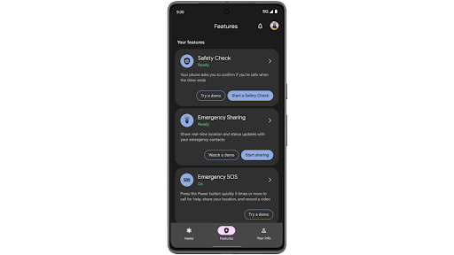 Opening the Personal Safety app on an Android phone to show that you can easily tap into Emergency Sharing, safety checks and/or calling 911.