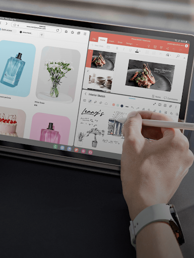 A tablet screen displaying multiple tabs including a shopping website window, a presentation and a sketch in progress.
