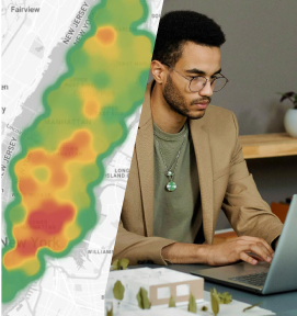 Side-by-side image with a user on their laptop next to a heat map of New Jersey.