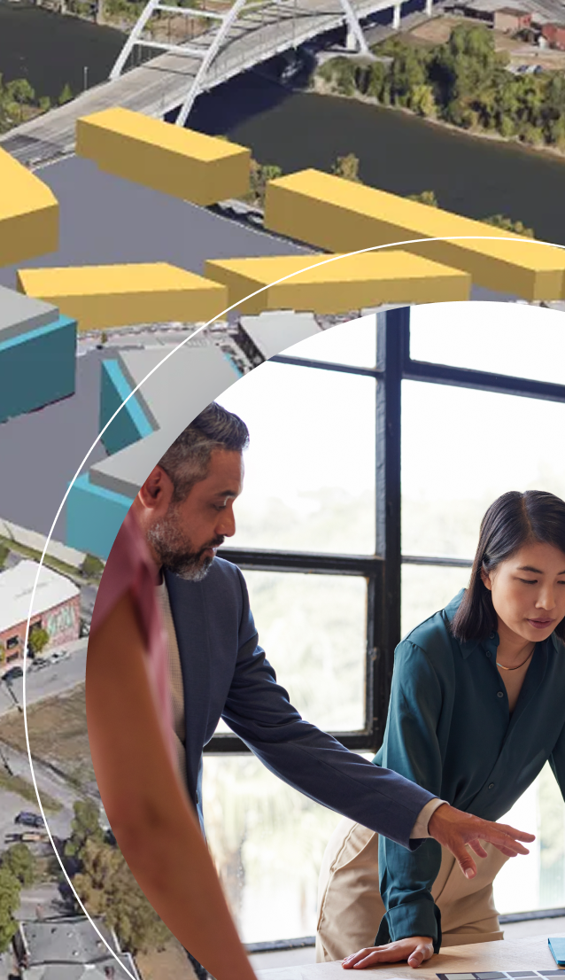 Colleagues looking at colour swatches superimposed on a 3D rendering of an urban neighbourhood.