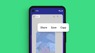A screen from a message that shows a photo of a smiling girl, and all content highlighted with the options to share, save and copy.