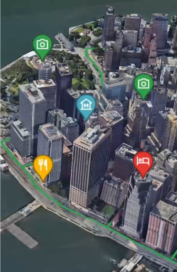City buildings along a river with point-of-interest markers