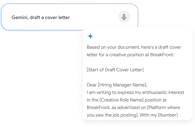 A Gemini prompt that reads "Gemini, draft a cover letter"