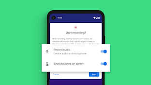 A start recording screen with record audio and show touches on screen options toggled on.