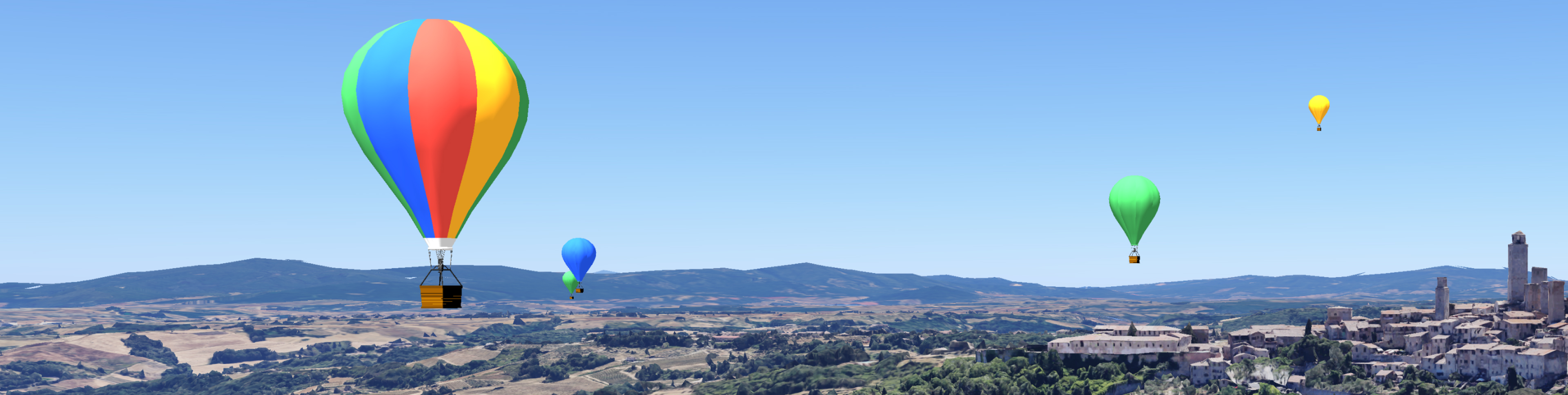 3D map rendering of a location with hot air balloons