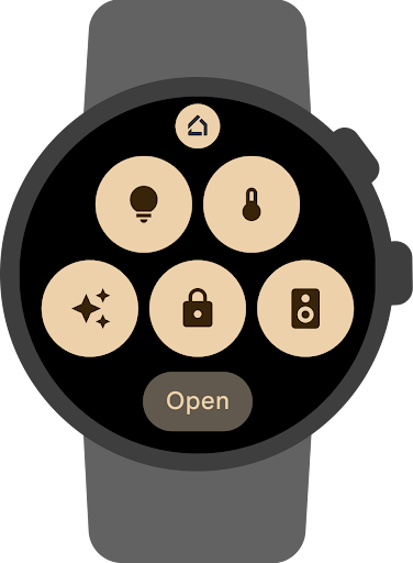 A smartwatch screen displaying five tappable icons that adjust smart home devices controls: light, thermostat, automation, smart lock, speaker and fan. The area below the icons launches the Google Home app on the watch.