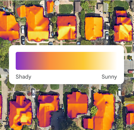 Aerial solar map with overlay displaying a shady and sunny gradient