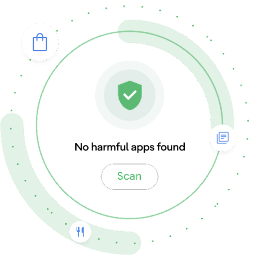 A circular animation with the scan symbol and text in the centre. Along with the message, 'no harmful apps were found'.