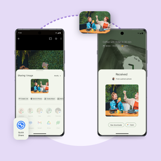 Two phones are side by side. The one on the left has a white overlay on top of a picture that reads, 'Sharing 1 image' and the image selected with a series of action options below it. The Quick Share logo overlays the phone on the bottom left-hand corner. The phone on the right has a white overlay on top of the home screen that reads, 'Received. From Justina's phone' with the incoming picture and two pill-shaped buttons below it: 'View downloads' and 'Open'. The featured picture is minimised and overlays the phone on the upper right-hand corner.