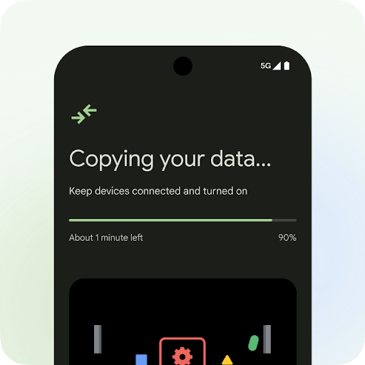 An Android phone screen with the title, 'Copying your data…' and 'Keep devices connected and turned on' under it. There is a progress bar of how much has been copied as well as a blue square, an outline of a square with a red gear icon in the middle, a yellow triangle and a green pill-shaped icon.