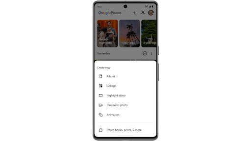 Making a Highlight video of clips and pictures by searching keywords in Google Photos and generating a preview on an Android phone.