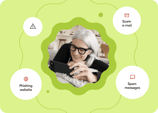 A close-up of a person using their phone on the couch. Animated icons and text for scam email, spam messages, suspected spam caller and phishing website hover on the periphery of the person's image.