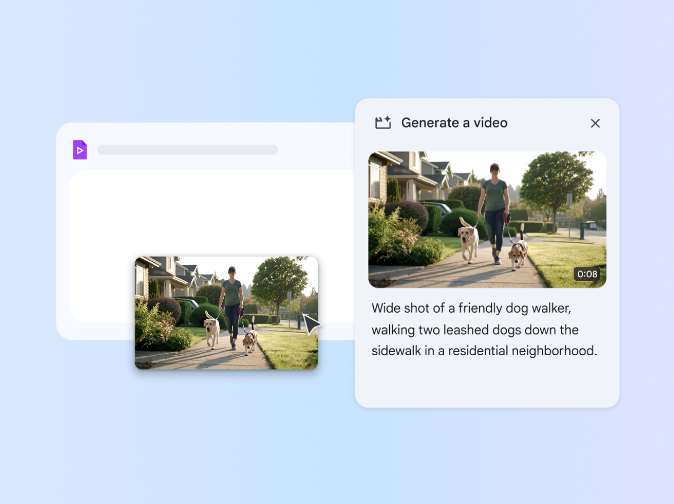 Video generation prompt showing a dog walker with two leashed dogs on a suburban sidewalk.