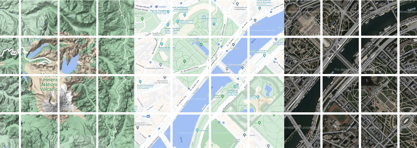 2D Map Tiles showcasing Terrain, Roadmap and Satellite imagery