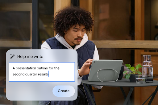 Man sitting at an outdoor table using a tablet to generate a presentation outline for second-quarter results using an AI tool. The prompt in the AI tool reads, 'Help me write a presentation outline for the second-quarter results'.