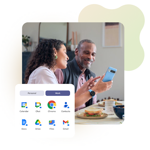 A man and a woman sitting at a table look at a smartphone, with an overlay showing app icons separated into 'Personal' and 'Work' categories. The 'Work' tab is currently selected, displaying icons for Calendar, Chat, Chrome, Contacts, Docs, Drive, Files and Gmail.