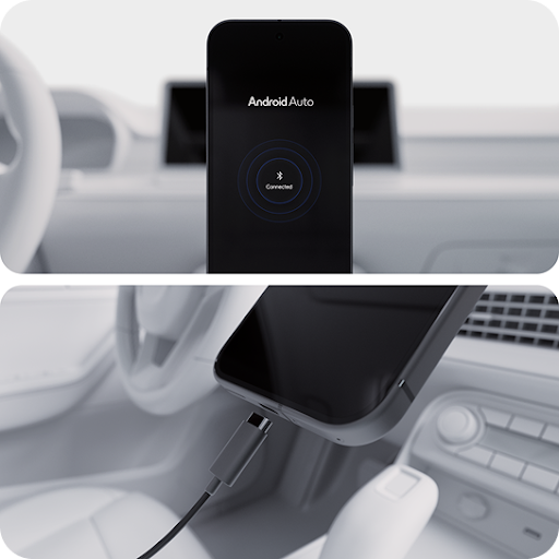A black phone has “Android Auto” on the screen. In the background is a car dashboard.   A phone charger is next to a phone’s charging port inside a car with white interior.