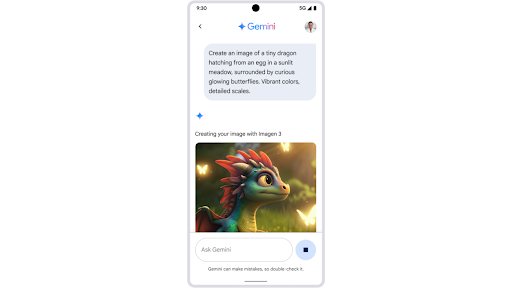 Asking Gemini to create an image of a tiny dragon hatching from an egg and watching the idea appear in seconds as an image on an Android phone.