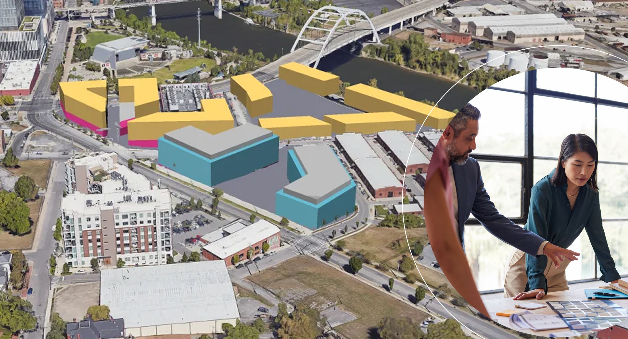 Colleagues looking at colour swatches superimposed on a 3D rendering of an urban neighbourhood.