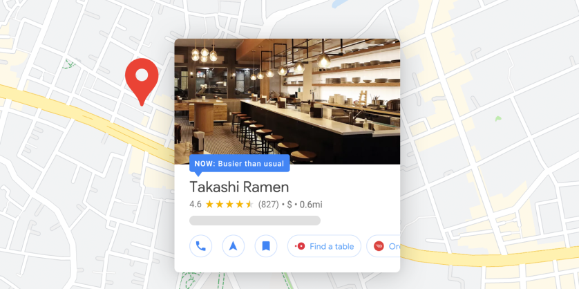 A profile of a restaurant featured on a map.