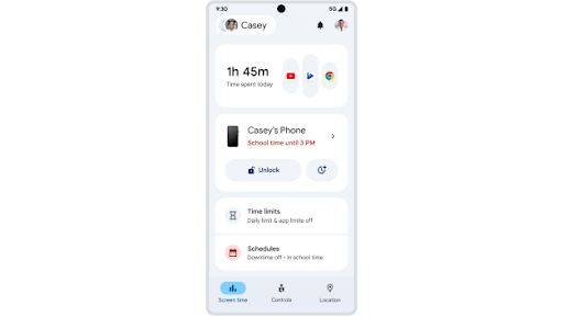 Checking a child's screen time and adding 'dad' to the approved contacts in Family Link.