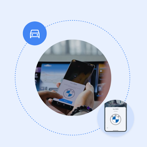A pair of hands holding a phone in front of a tablet mounted on a car dashboard, displaying a 'Connect' button and the BMW logo. Surrounding this, the BMW logo and a car icon are connected by a dotted line.