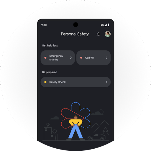 An Android screen showing the 'Personal Safety' screen. Displayed is 'Get help fast' with options for 'Emergency sharing' and 'Call 911' and 'Be prepared' with an option for 'Safety Check'.