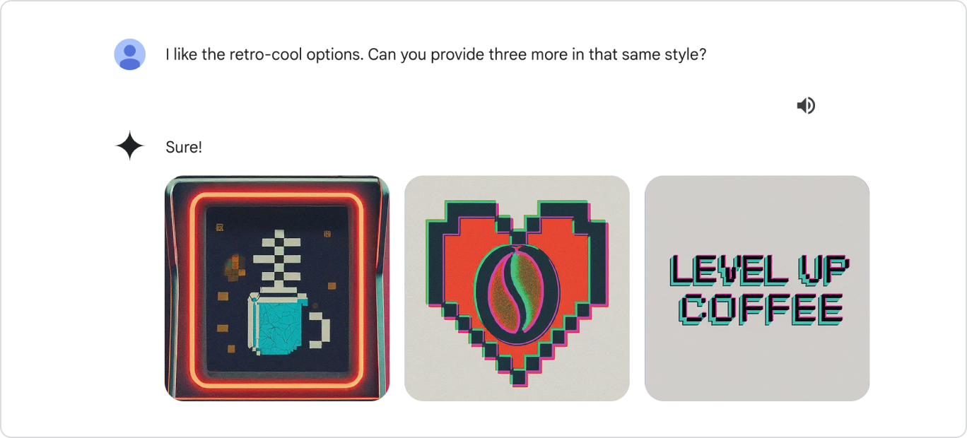 The marketing consultant prompts Gemini to provide three more retro-cool logo options. Gemini returns three options.