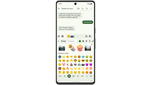 Using Emoji Kitchen on an Android phone to create and share a camera emoji mashed up with a tongue-out happy face emoji.