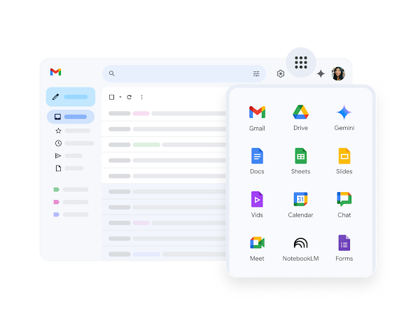 Gmail UI with other Google Workspace apps in settings drop-down 