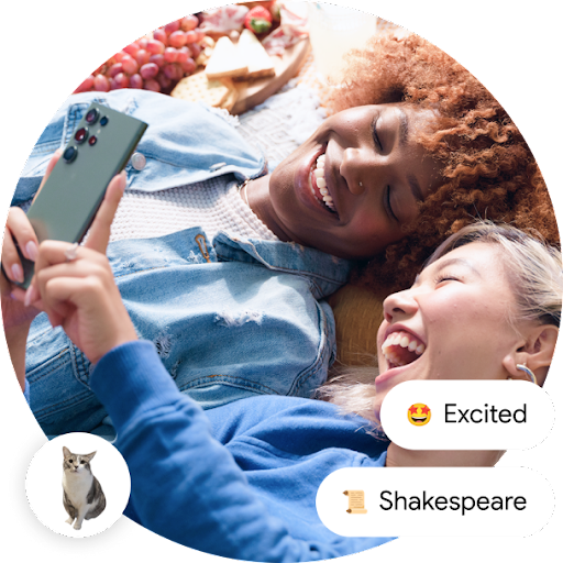 An image of two people lying next to each other, looking at an Android. A cat icon is in the bottom left, and two chat bubbles are on the right.