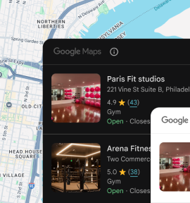 Custom Google Maps places information cards with details about nearby fitness centers.