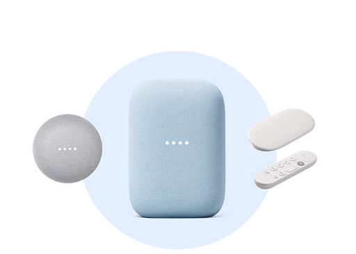 Google Home entertainment products like a TV, a Bluetooth speaker and smart remotes