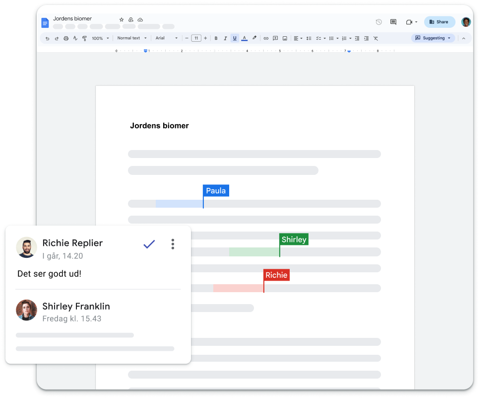 Et abstrakt screenshot fra Google Docs viser en underviser, der kommenterer en tekstblok med “This is looking great!”.