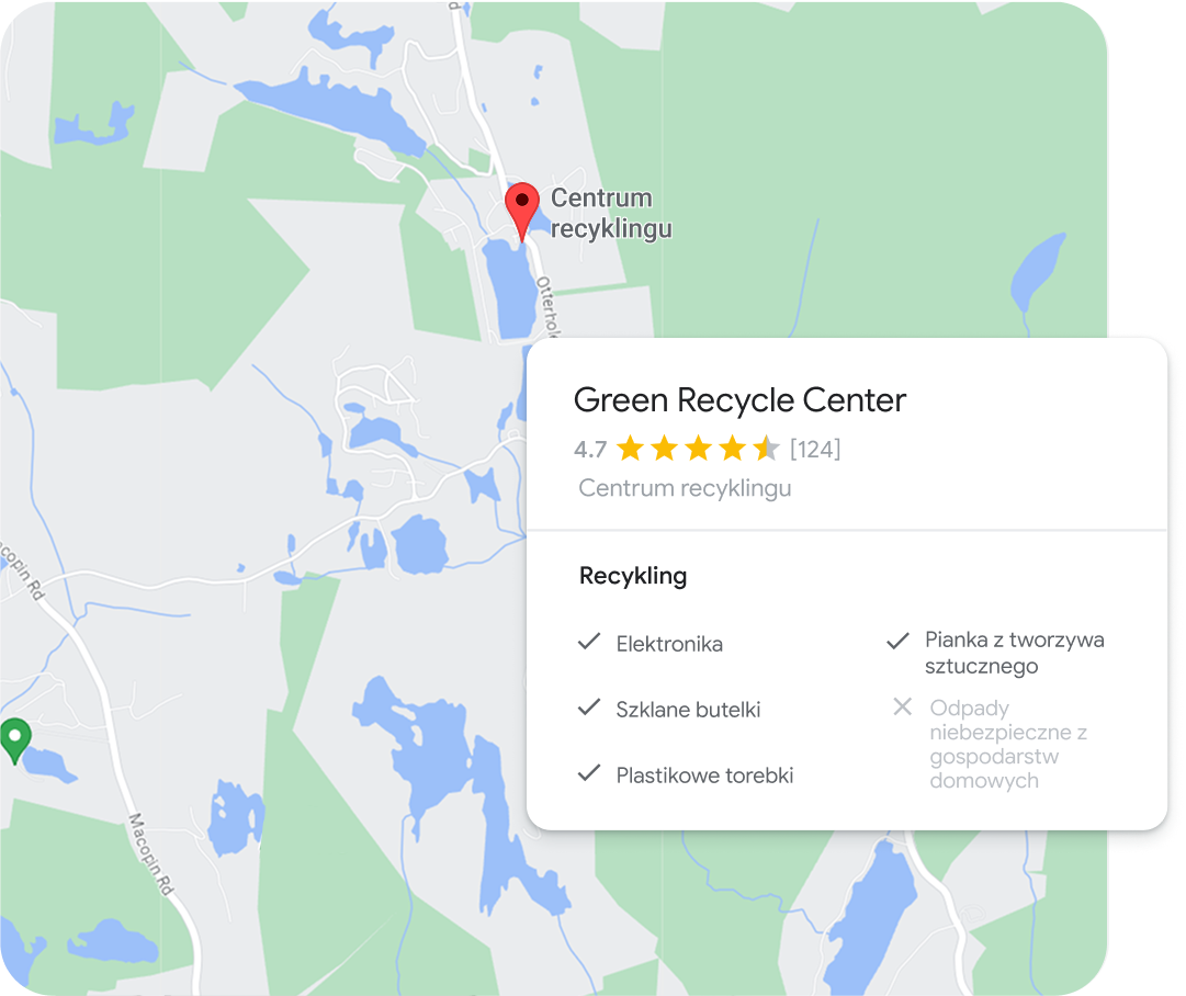 Zrzut ekranu z Map Google pokazuje lokalizację centrum recyklingu przyjmującego Chromebooki.