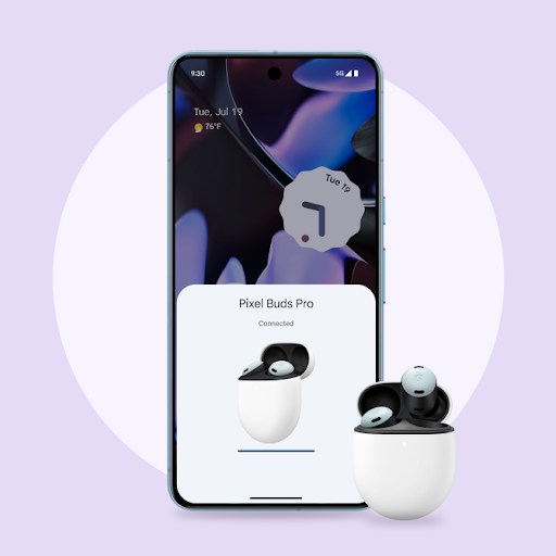 A phone screen shows a white overlay box titled, 'Pixel Buds Pro' with the word 'connected' beneath it. There's a picture of the Pixel Buds Pro in the centre of the box and a life-like picture of the Pixel Buds Pro at the lower right-hand corner of the phone.