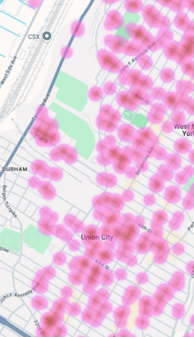 High-level 2D map with business markers and pink hotspots