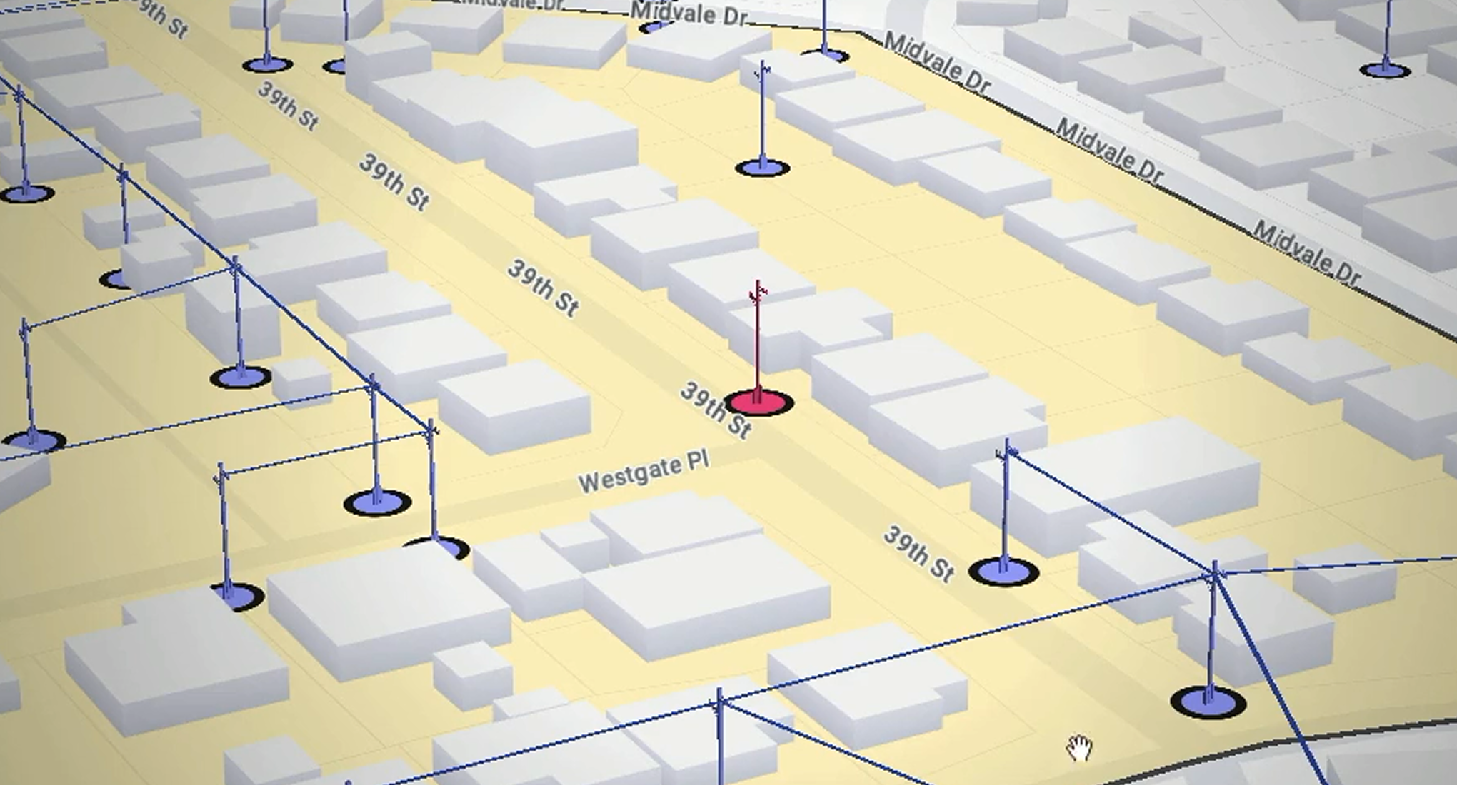 2D street map showing colour-coded infrastructure placemarks