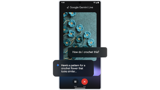 Uploading an image of crochet flowers to Gemini Live and asking 'How do I crochet this?' on an Android phone.
