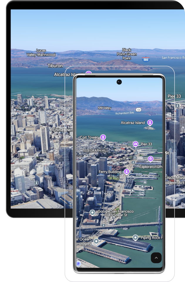 3D photorealistic rendering of the San Francisco bay with points of interest highlighted.