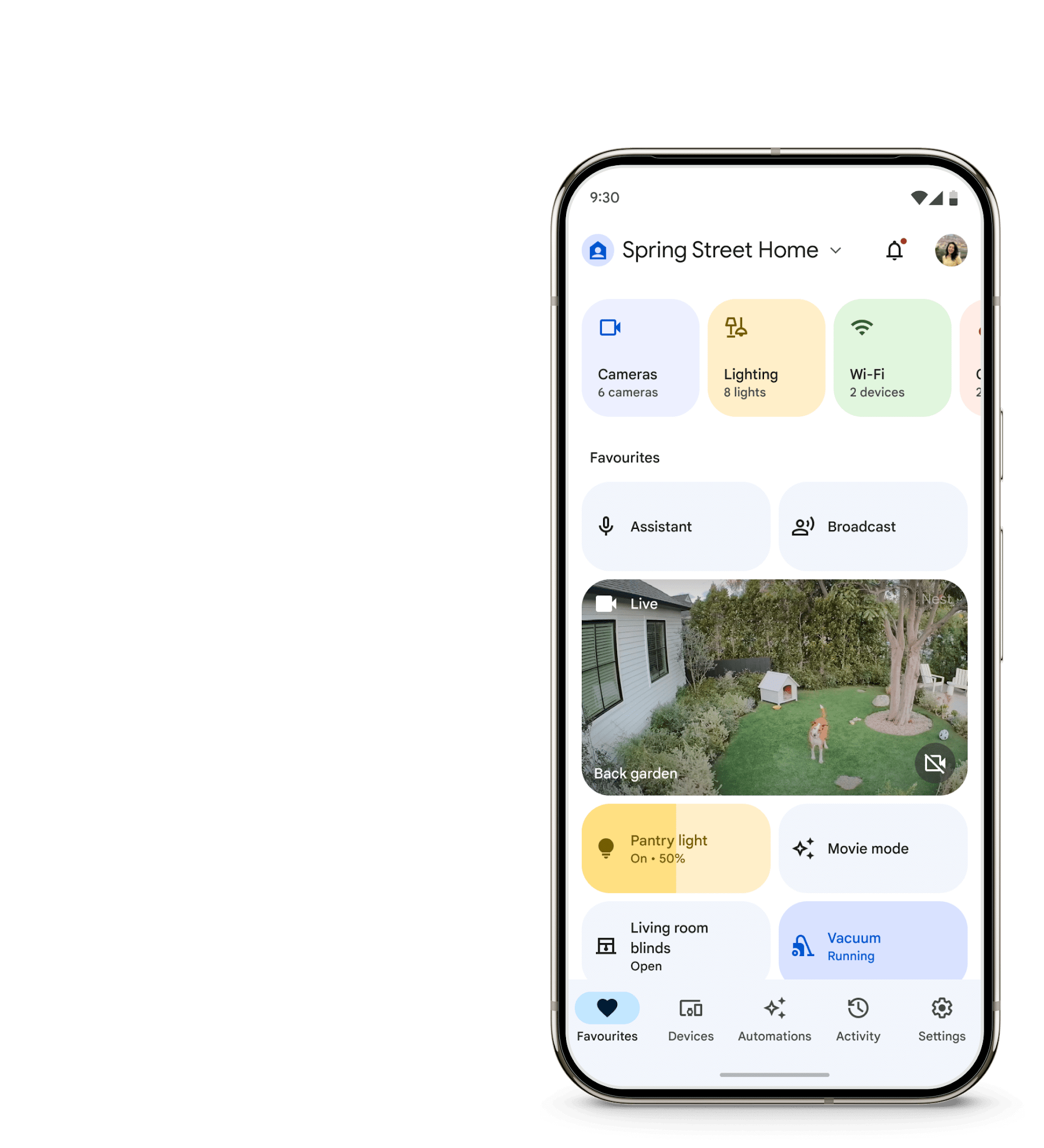 Woman using the Google Home app on her Google Pixel phone to personalise her smart home
