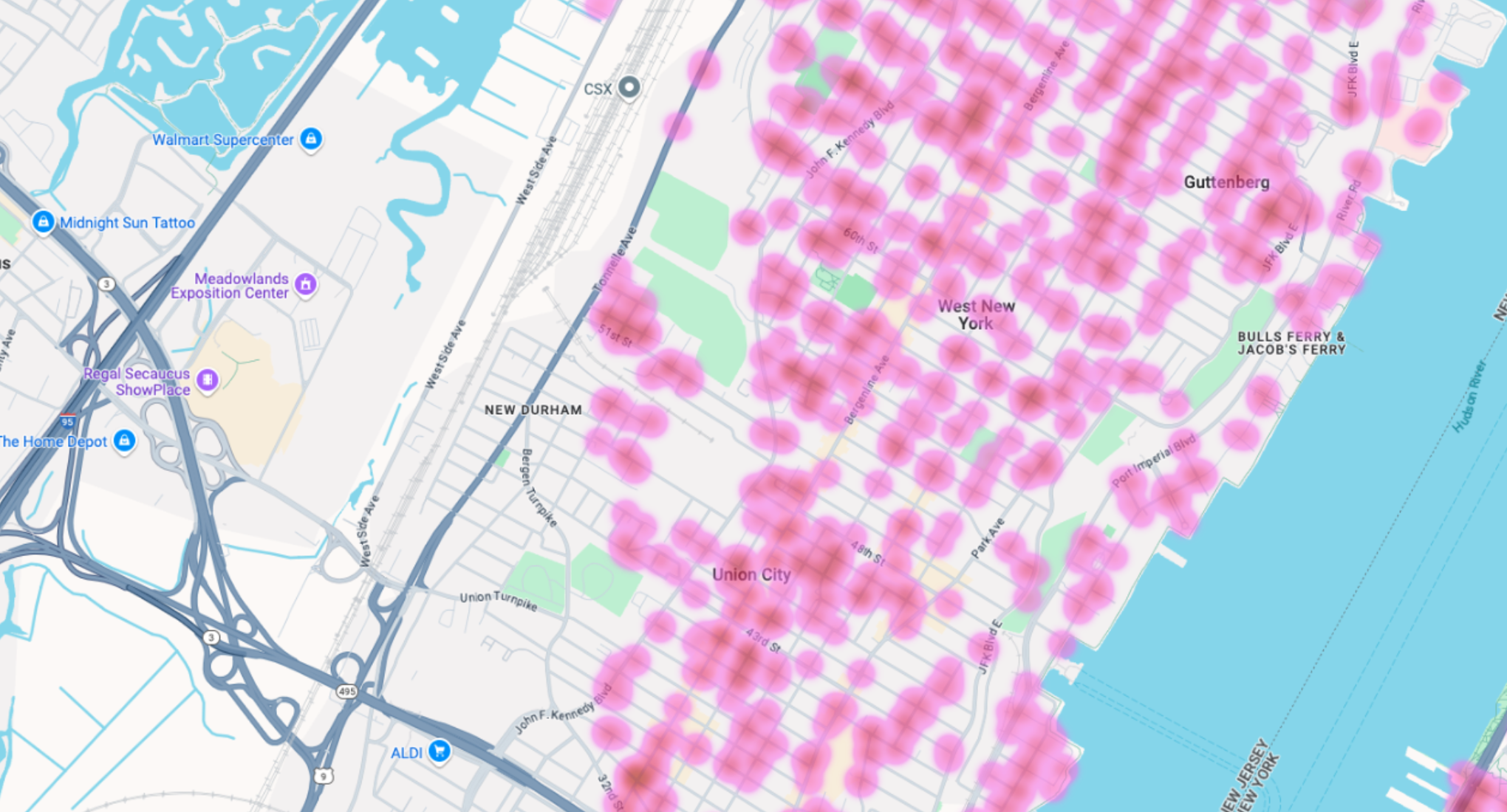High-level 2D map with business markers and pink hotspots