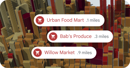 Shop names and distances over a 3D map.