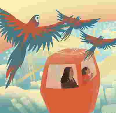 An illustration of a woman and a child in an orange gondola, soaring over a pastel yellow and blue cityscape. Another gondola is in front of them, with the silhouette of a person inside. Parrots fly above the gondola, evoking a sense of adventure and wonder.