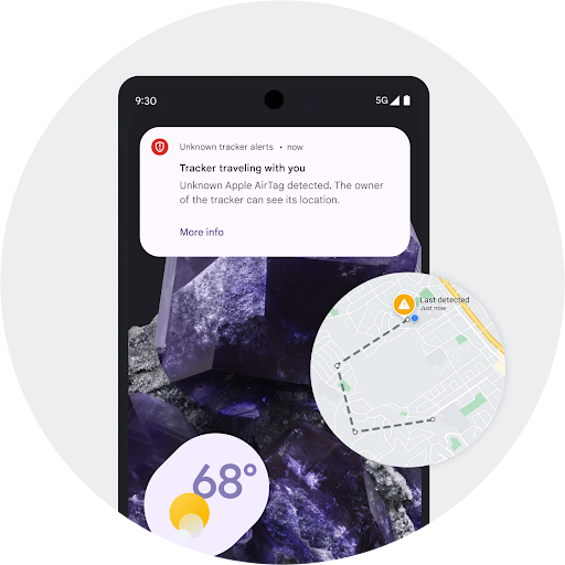 An Android screen showing an 'Unknown tracker alerts' alert along with the message 'Tracker travelling with you. Unknown AirTag detected. The owner of the tracker can see its location.' and a 'More info' button.  Below is a small map with a circle with a warning label in it.