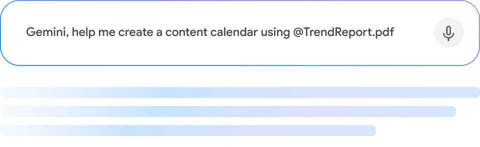 An image of the Gemini prompt bar, displaying a prompt about creating a content calendar using a PDF.
