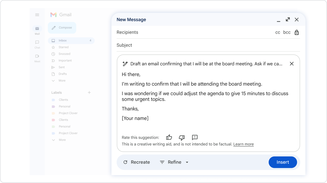 Gemini in Gmail drafts an email for an executive.
