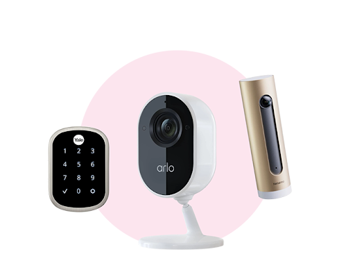 Collage of a smart lock, a home security camera and a smart doorbell