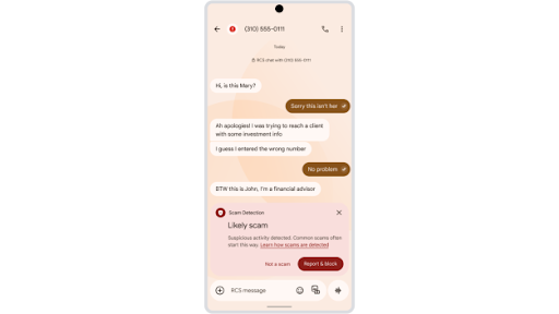 Receiving a suspicious text message followed by a Scam Detection alert with a prompt to report and block in Google Messages on an Android phone.