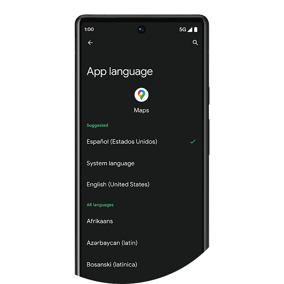 In settings, app language for Google Maps on an unlocked Android 13 phone is displayed. Español (Estados Unidos) is ticked under 'Suggested'.
